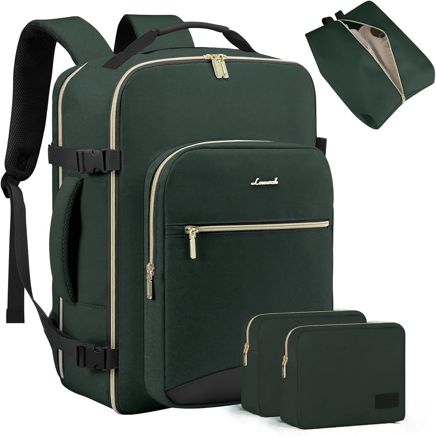 LOVEVOOK Travel Backpack for Women Men as Personal Item Flight Approved, 40L Luggage Carry On Backpack, 17.3inch Large Laptop Backpack Waterproof Outdoor Sports with 3 Packing Cubes, Dark green-Black