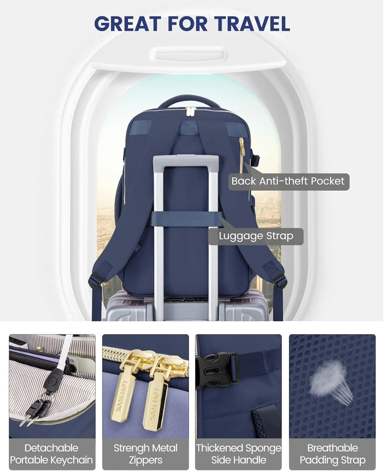 LOVEVOOK Travel Backpack for Women,40L Carry On Backpack for Airplanes,17.3 Inch Laptop Personal Item Travel Bag
