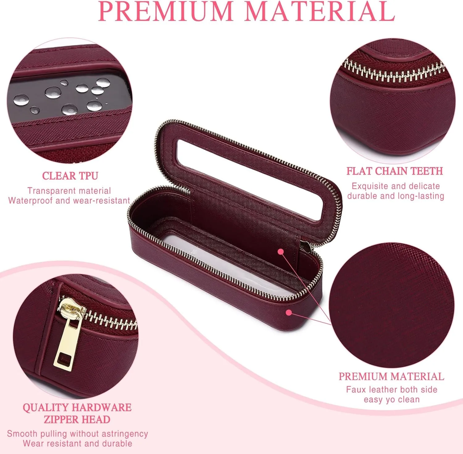 Makeup Brush Bag Slim Clear Makeup Bag Travel Cosmetic Case and Brush Holder Waterproof Toiletry Makeup Bag with Zipper Purse Organizer for Women (Burgundy, Slim)