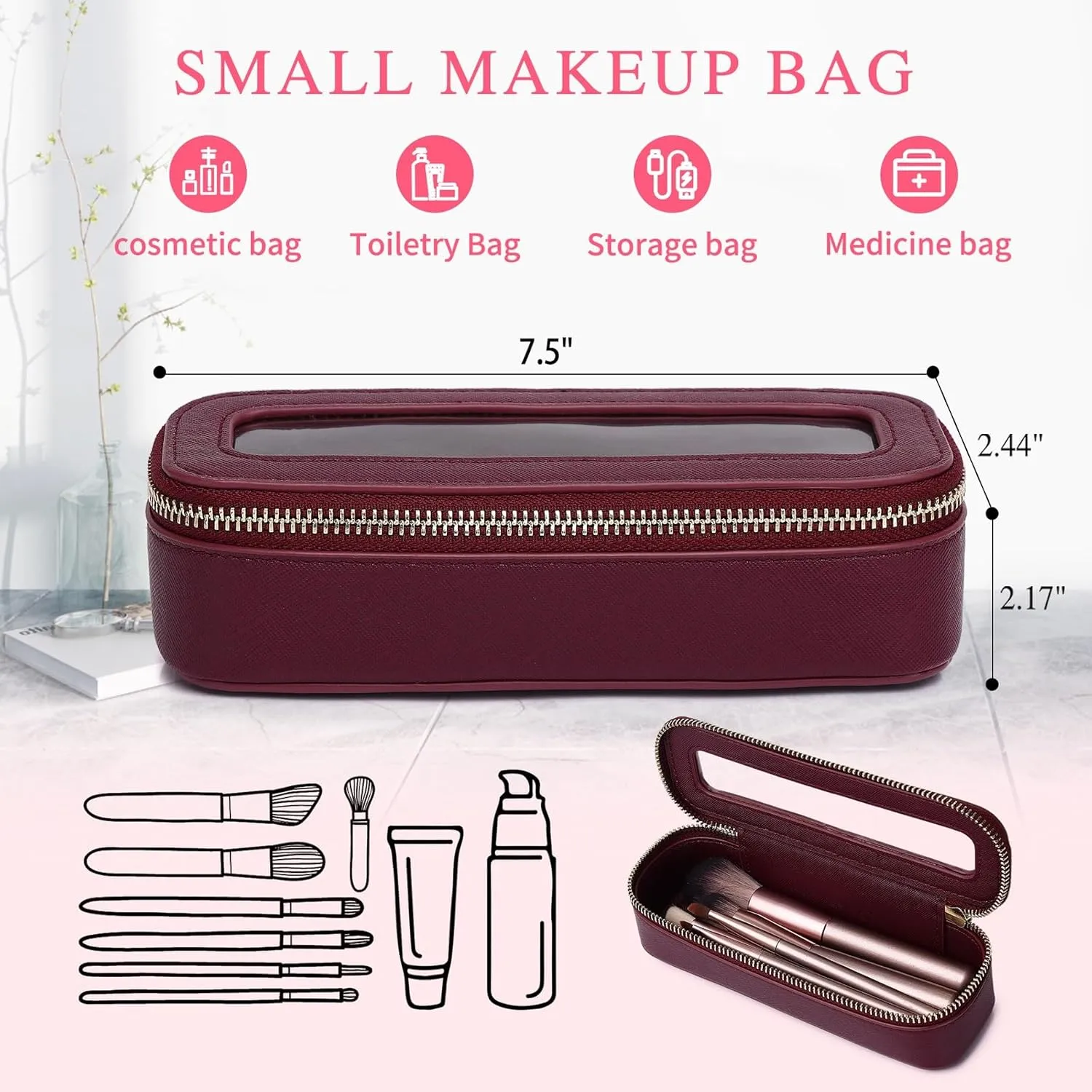 Makeup Brush Bag Slim Clear Makeup Bag Travel Cosmetic Case and Brush Holder Waterproof Toiletry Makeup Bag with Zipper Purse Organizer for Women (Burgundy, Slim)