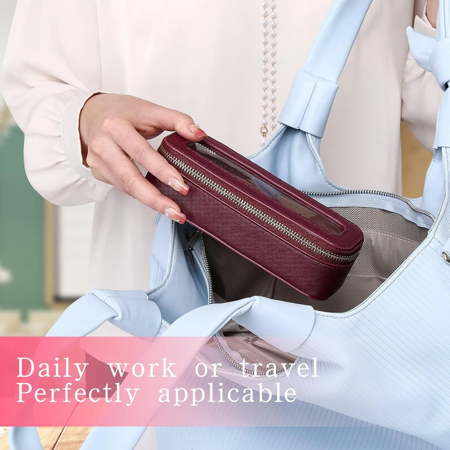 Makeup Brush Bag Slim Clear Makeup Bag Travel Cosmetic Case and Brush Holder Waterproof Toiletry Makeup Bag with Zipper Purse Organizer for Women (Burgundy, Slim)