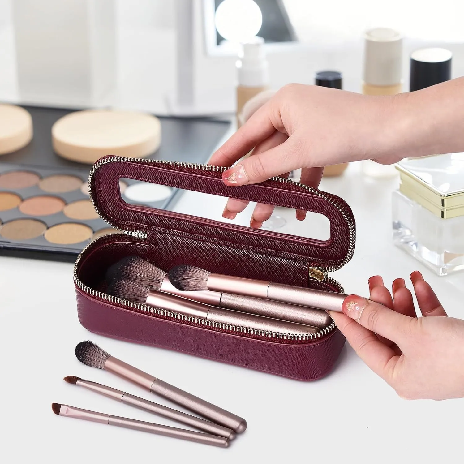 Makeup Brush Bag Slim Clear Makeup Bag Travel Cosmetic Case and Brush Holder Waterproof Toiletry Makeup Bag with Zipper Purse Organizer for Women (Burgundy, Slim)