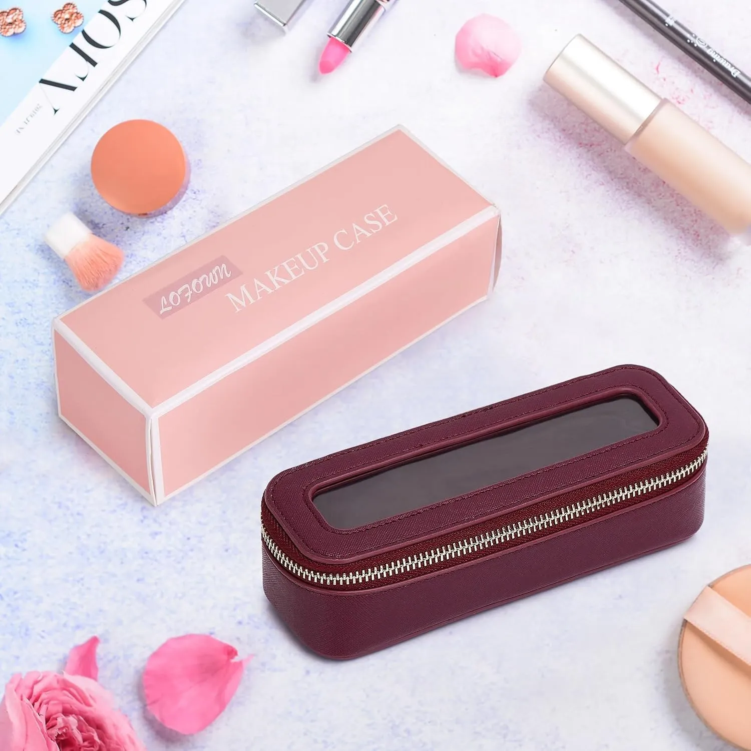 Makeup Brush Bag Slim Clear Makeup Bag Travel Cosmetic Case and Brush Holder Waterproof Toiletry Makeup Bag with Zipper Purse Organizer for Women (Burgundy, Slim)