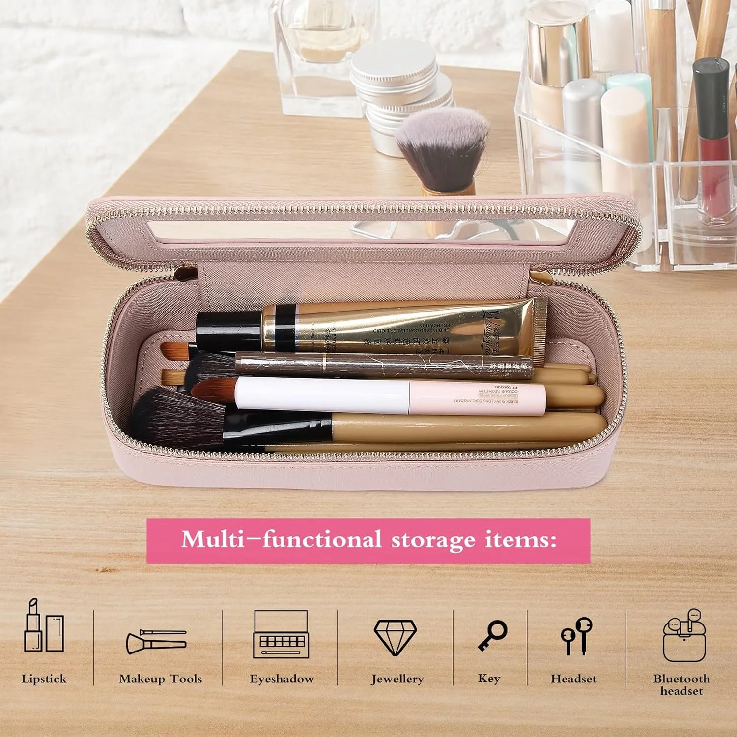 Makeup Brush Case Clear Travel Cosmetic & Toiletry Bag Small Makeup Bag with Zipper Purse Organizer Car Essential Bag for Women (Pink, SLIM)