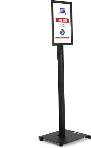 M&T Displays Outdoor Sign Holder, 11x17 Inch Aluminum Weatherproof Snap Poster Frame Front Loading Floor Standing Pedestal Advertisement Post Menu Holder Heavyweight Base Roll-On Wheels (Black)