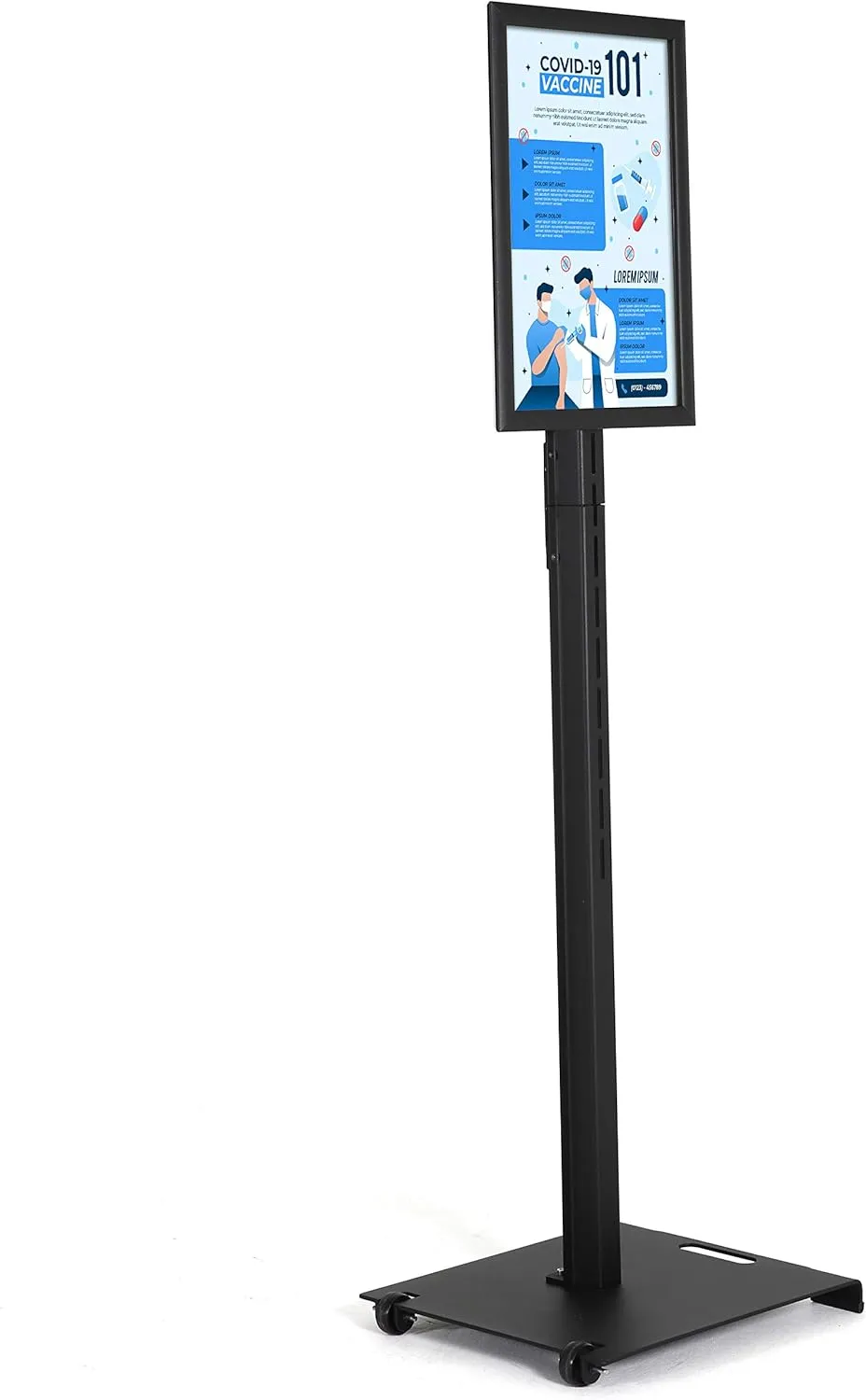 M&T Displays Outdoor Sign Holder, 11x17 Inch Aluminum Weatherproof Snap Poster Frame Front Loading Floor Standing Pedestal Advertisement Post Menu Holder Heavyweight Base Roll-On Wheels (Black)