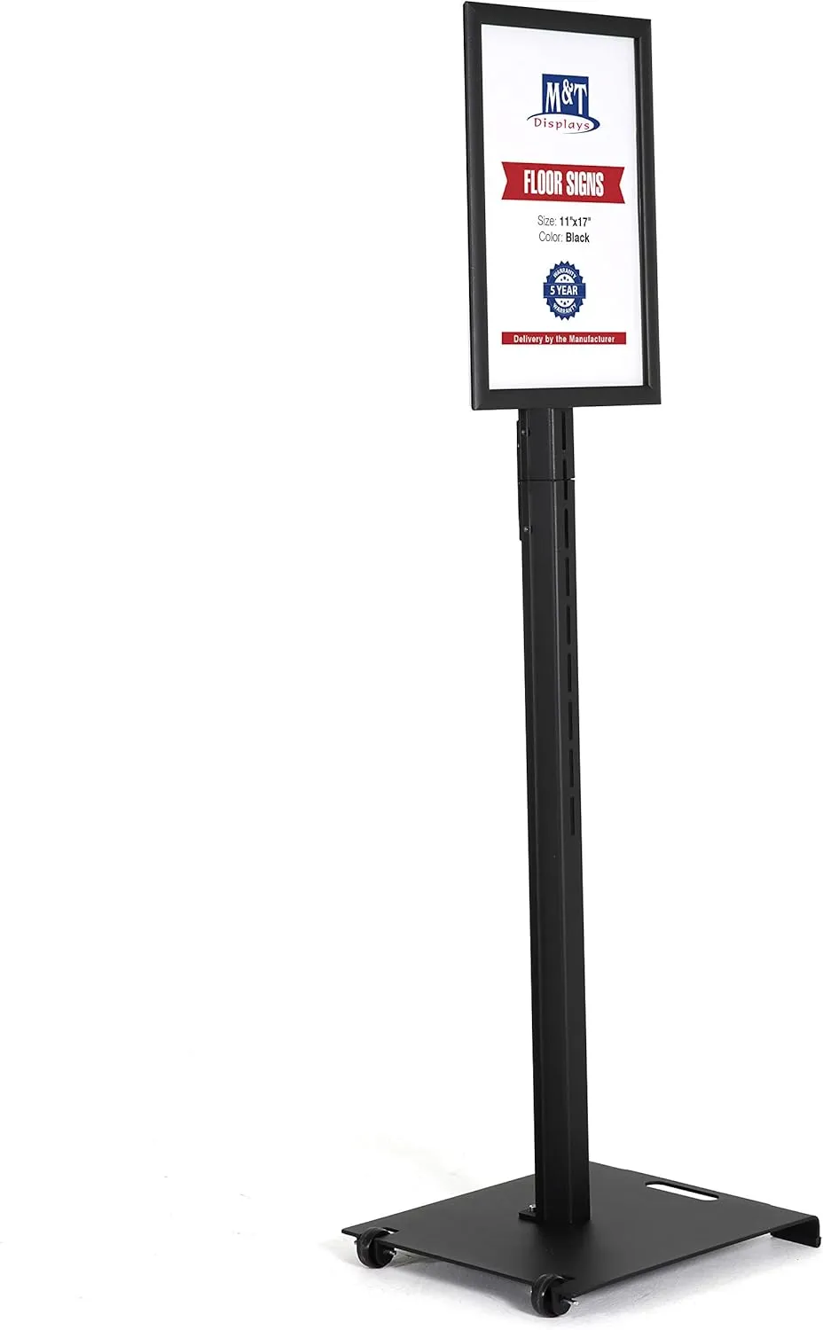 M&T Displays Outdoor Sign Holder, 11x17 Inch Aluminum Weatherproof Snap Poster Frame Front Loading Floor Standing Pedestal Advertisement Post Menu Holder Heavyweight Base Roll-On Wheels (Black)