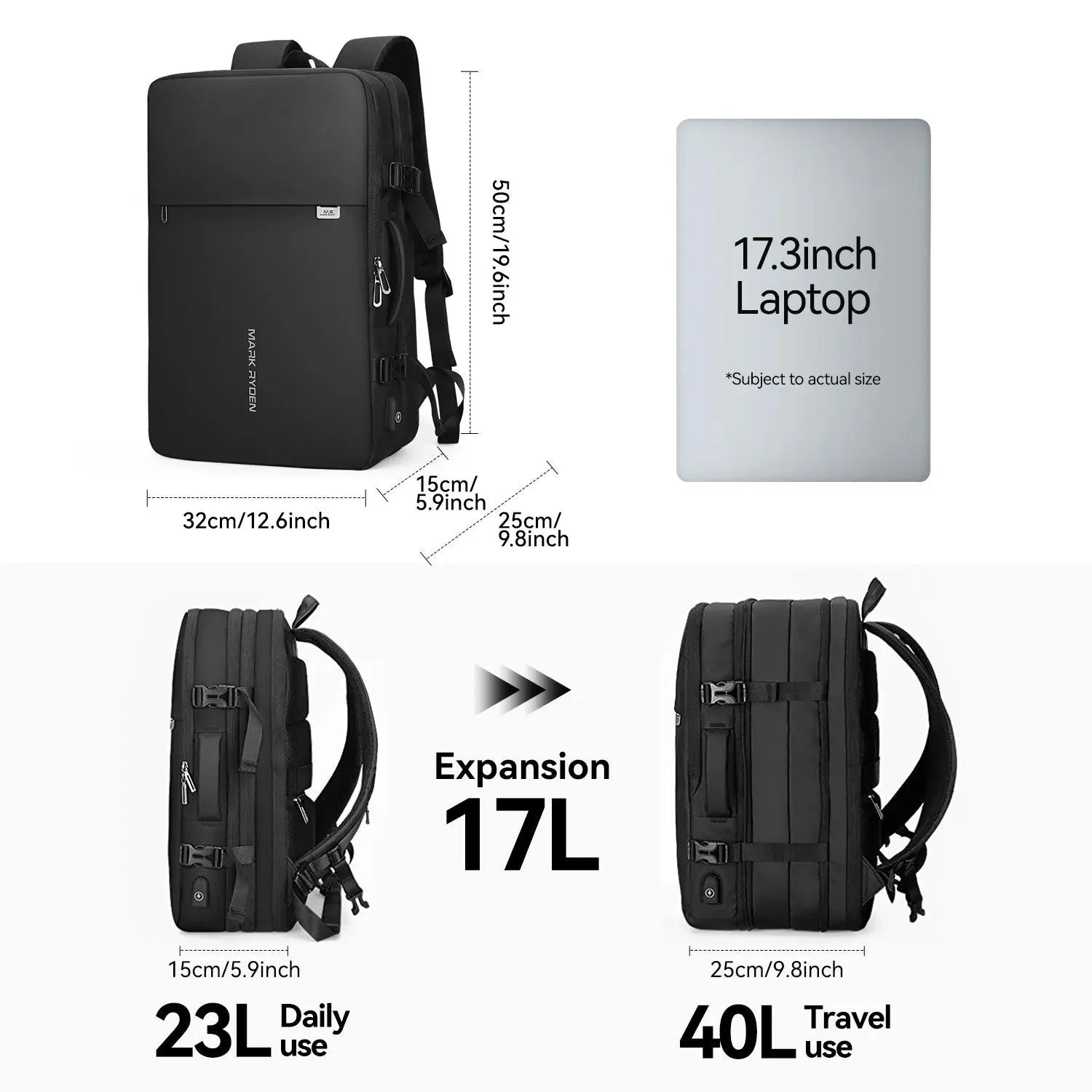 Mark Ryden Pathrato Large Backpack Expandable 40L for 17.3-inch Laptop