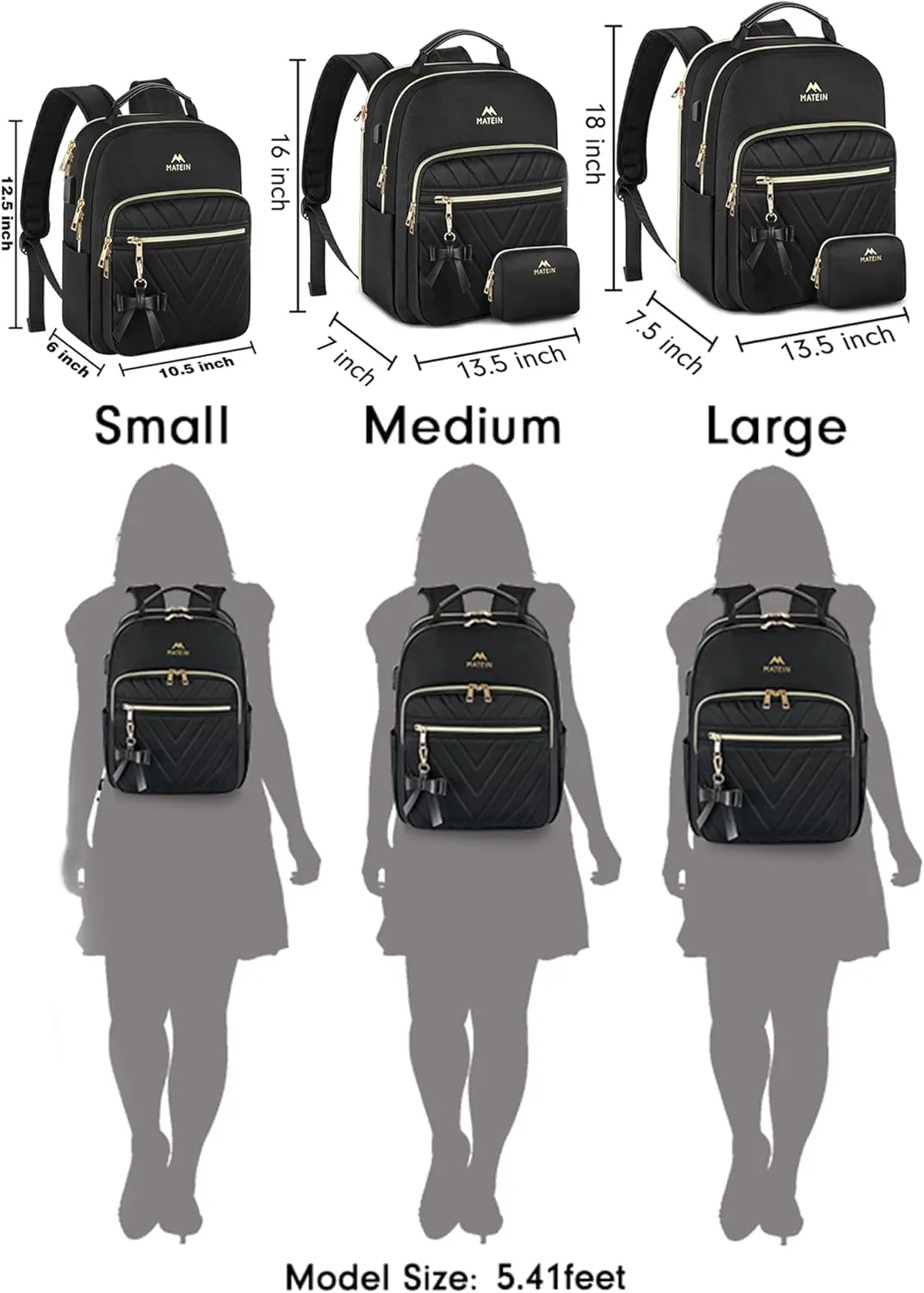 MATEIN Backpack Purse for Women, 15.6 inch Cute Stylish Waterproof Backpack Purse with USB Port, Fashion Waterproof Casual Daily Shoulder Bag for College Work Travel, Gifts for Ladies, 2pcs Set, Black