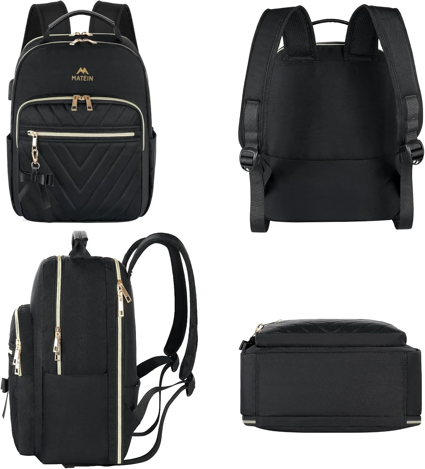 MATEIN Backpack Purse for Women, 15.6 inch Cute Stylish Waterproof Backpack Purse with USB Port, Fashion Waterproof Casual Daily Shoulder Bag for College Work Travel, Gifts for Ladies, 2pcs Set, Black