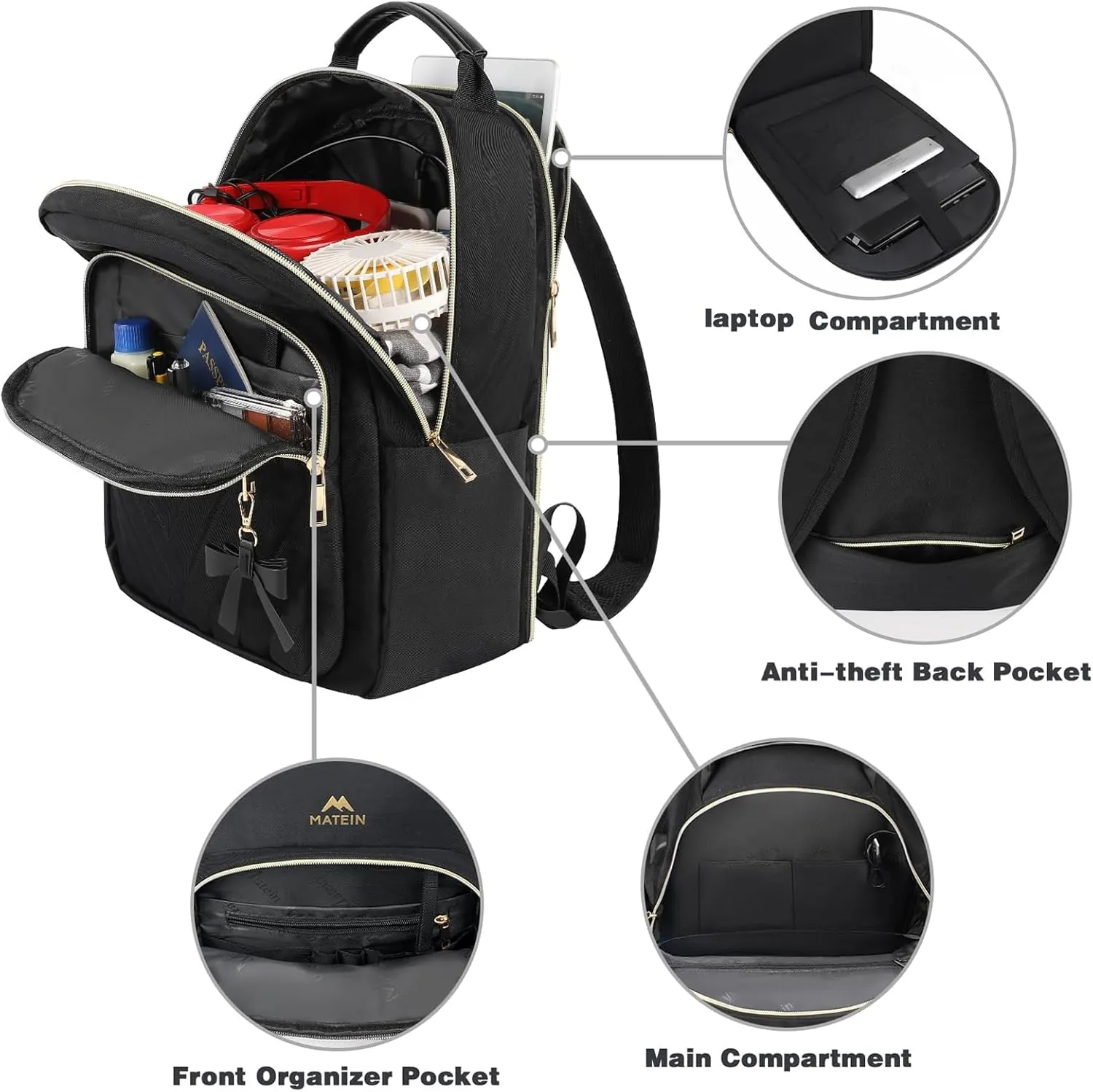 MATEIN Backpack Purse for Women, 15.6 inch Cute Stylish Waterproof Backpack Purse with USB Port, Fashion Waterproof Casual Daily Shoulder Bag for College Work Travel, Gifts for Ladies, 2pcs Set, Black