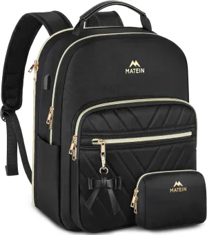 MATEIN Backpack Purse for Women, 15.6 inch Cute Stylish Waterproof Backpack Purse with USB Port, Fashion Waterproof Casual Daily Shoulder Bag for College Work Travel, Gifts for Ladies, 2pcs Set, Black
