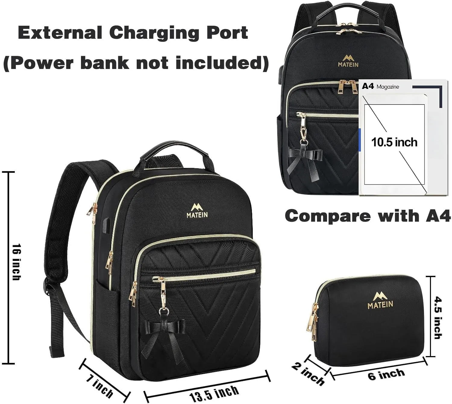 MATEIN Backpack Purse for Women, 15.6 inch Cute Stylish Waterproof Backpack Purse with USB Port, Fashion Waterproof Casual Daily Shoulder Bag for College Work Travel, Gifts for Ladies, 2pcs Set, Black