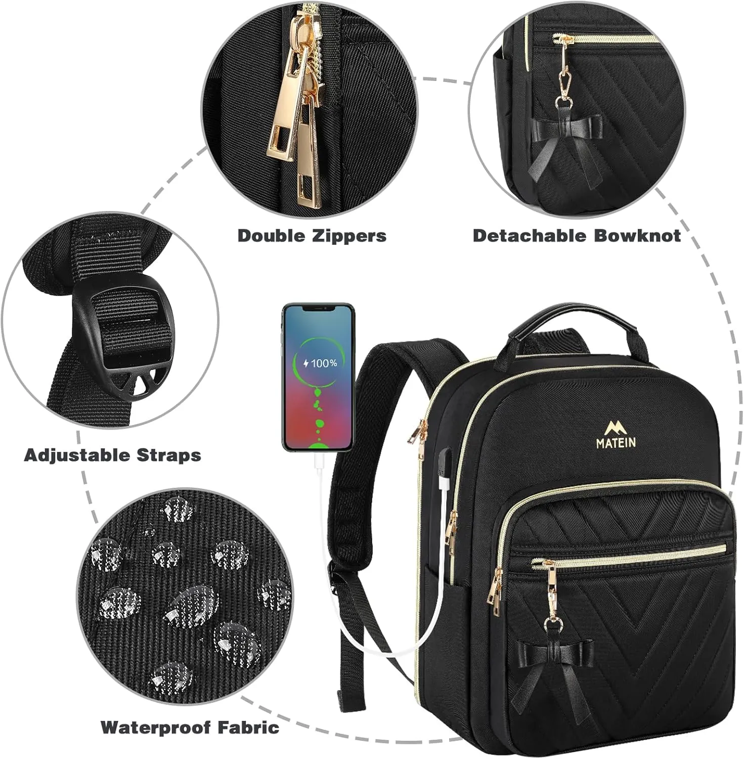 MATEIN Backpack Purse for Women, 15.6 inch Cute Stylish Waterproof Backpack Purse with USB Port, Fashion Waterproof Casual Daily Shoulder Bag for College Work Travel, Gifts for Ladies, 2pcs Set, Black