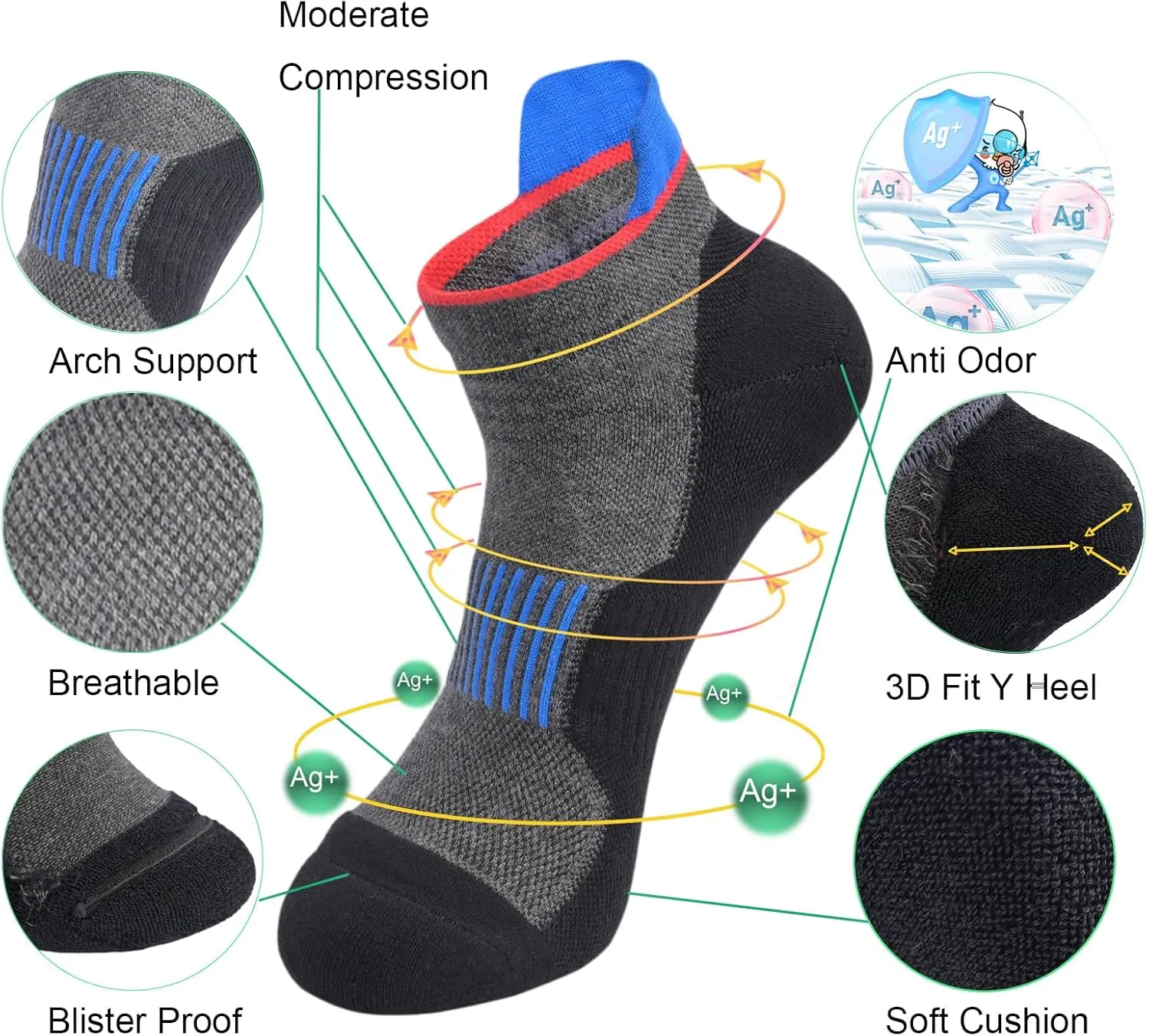 Men's Cushioned Anti Odor Blister Proof Quarter Crew Low Cut Compression Running Trekking Socks