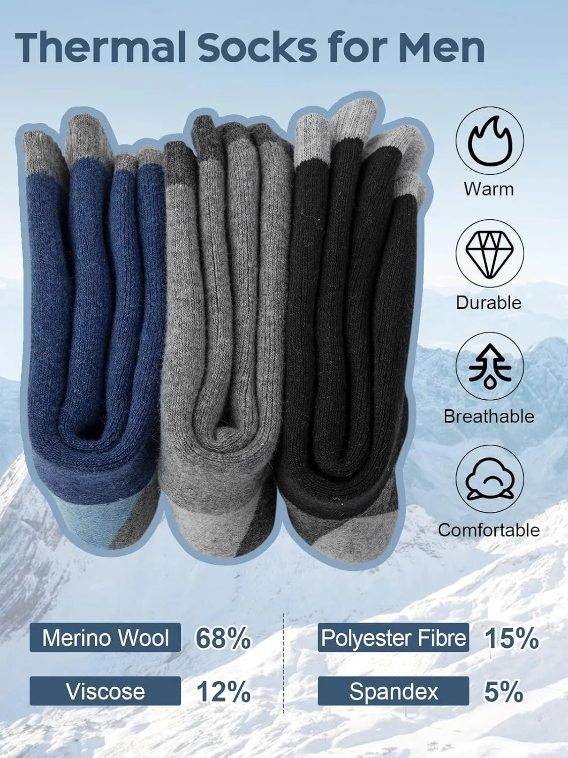 Merino Wool Hiking Socks for Men, Warm Thermal Crew Socks W/Cushion Moisture Wicking for Trekking Work Outdoor, 3 Pairs