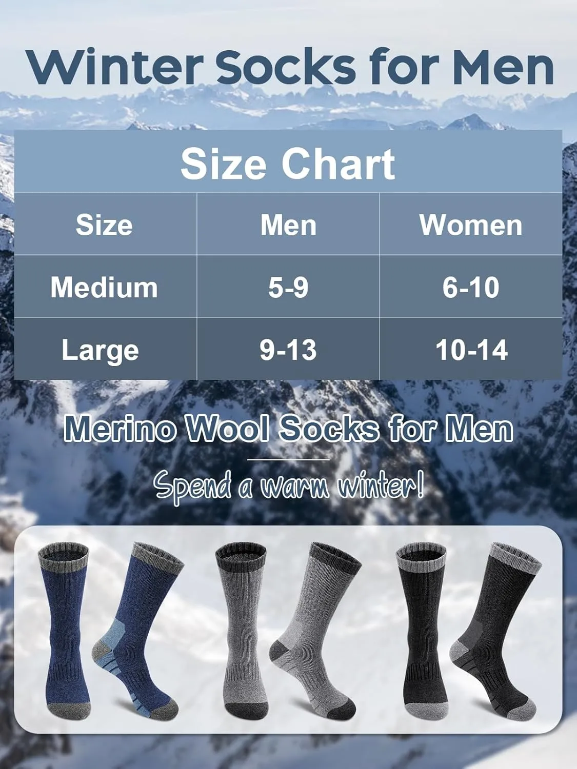 Merino Wool Hiking Socks for Men, Warm Thermal Crew Socks W/Cushion Moisture Wicking for Trekking Work Outdoor, 3 Pairs