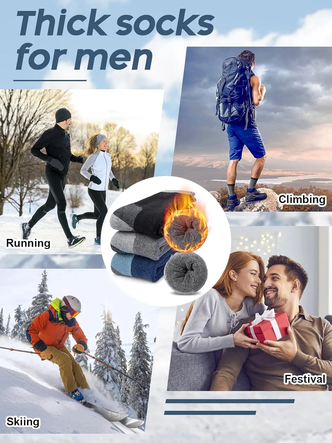Merino Wool Hiking Socks for Men, Warm Thermal Crew Socks W/Cushion Moisture Wicking for Trekking Work Outdoor, 3 Pairs