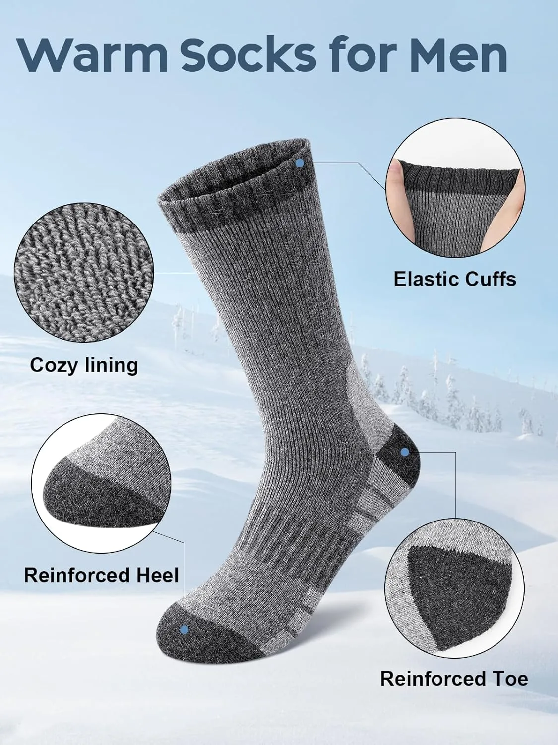 Merino Wool Hiking Socks for Men, Warm Thermal Crew Socks W/Cushion Moisture Wicking for Trekking Work Outdoor, 3 Pairs