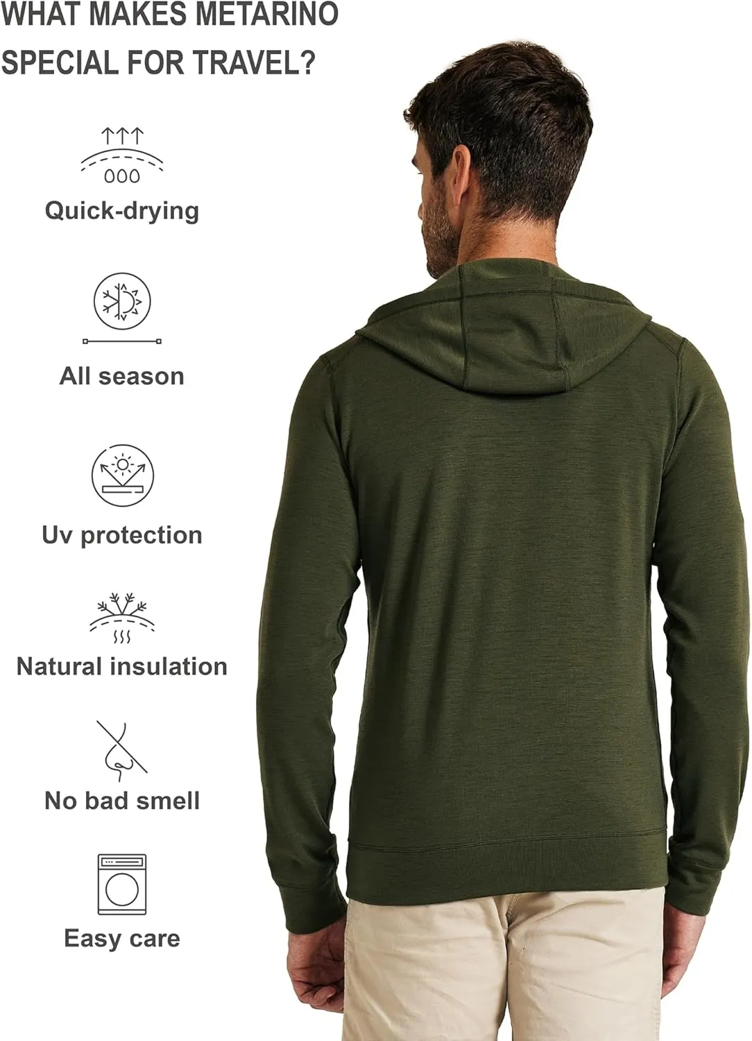 Merino Wool Jacket Men's Zip Up Hoodie Coat Long Sleeve Hooded Sweatshirt for Hiking,Hunting,Cycling,Sports