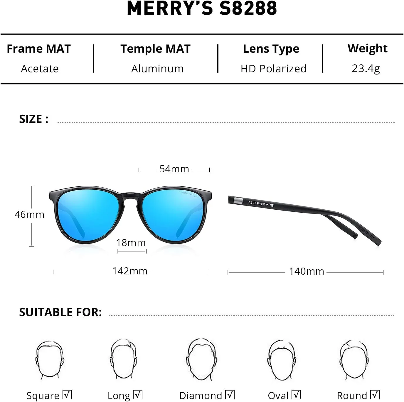 MERRY'S Polarized Sunglasses for Women Men Vintage Retro Classic Round Frame Aluminum Legs S8288