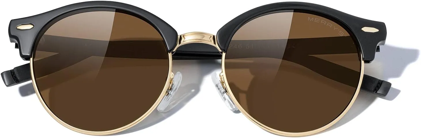 MERRY'S Round Polarized Sunglasses for Women Men Classic Retro Half Frame Aluminum Temples