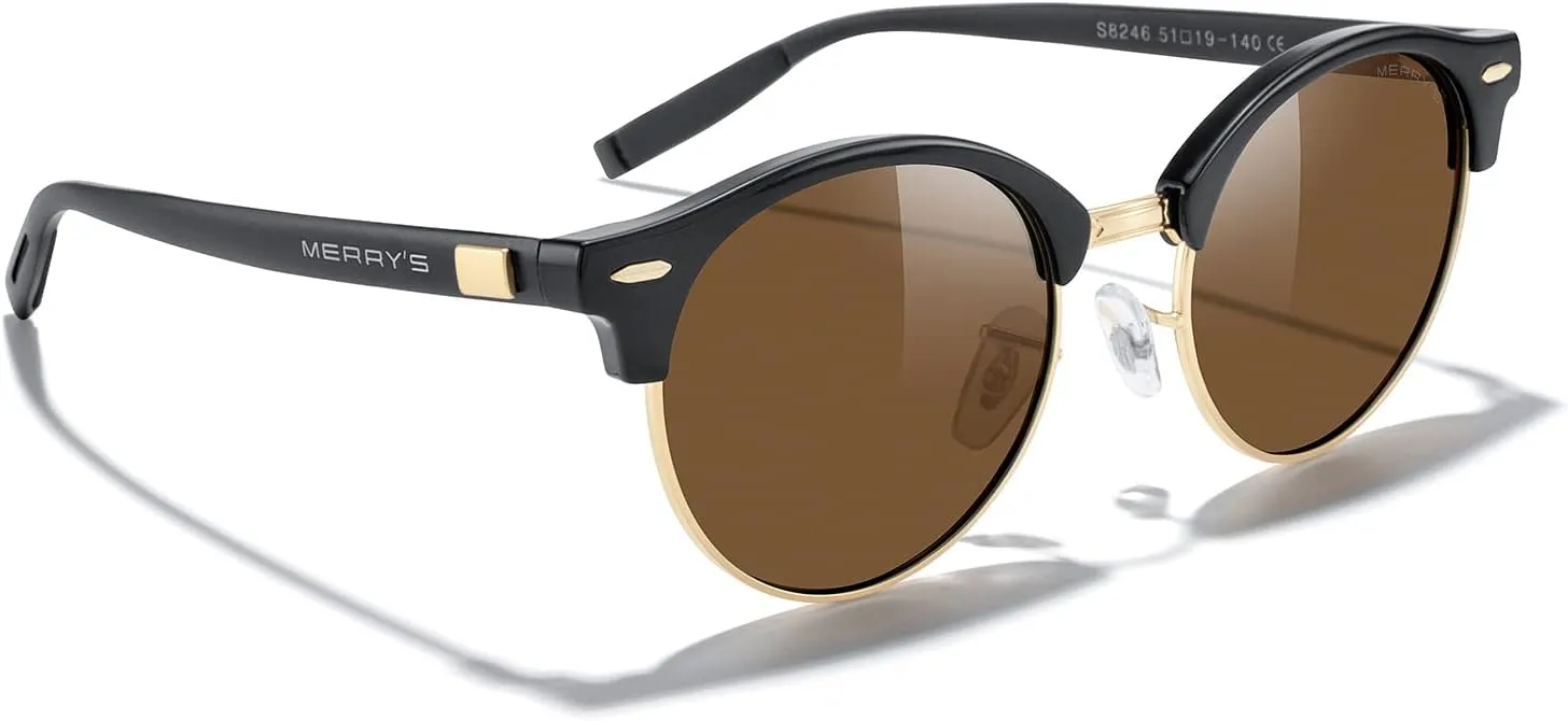 MERRY'S Round Polarized Sunglasses for Women Men Classic Retro Half Frame Aluminum Temples