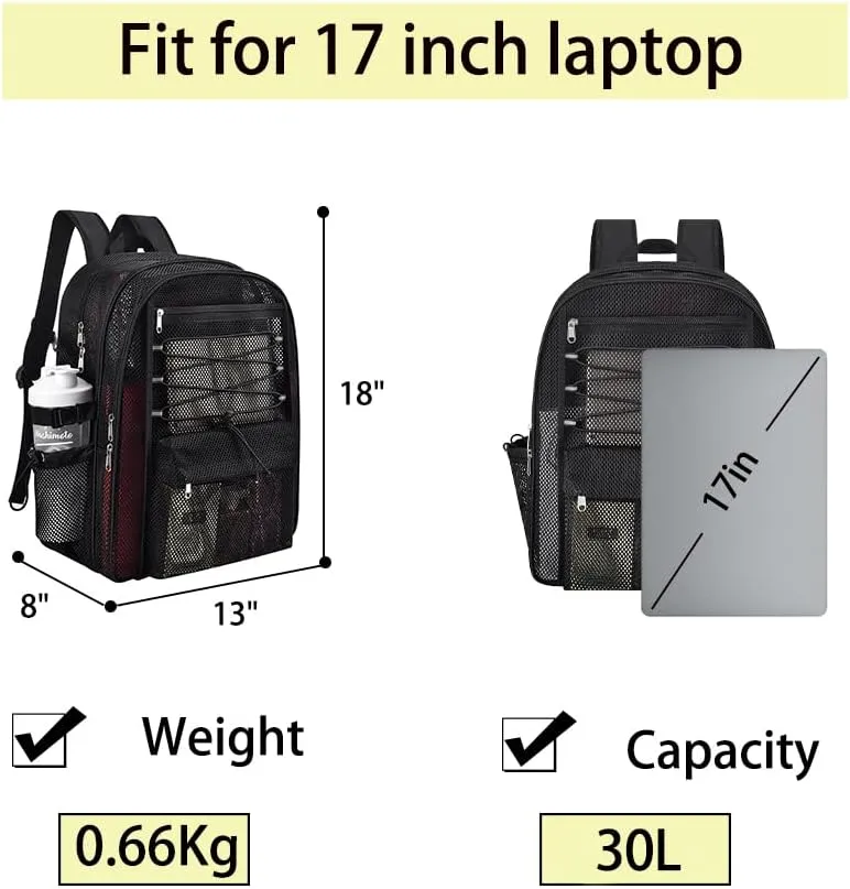 Mesh Backpack Heavy Duty for School, 30L Large Mesh Bookbag for Adults, See Through Black School Bag with Laptop Pocket for Work Swimming Beach Fitness Sport