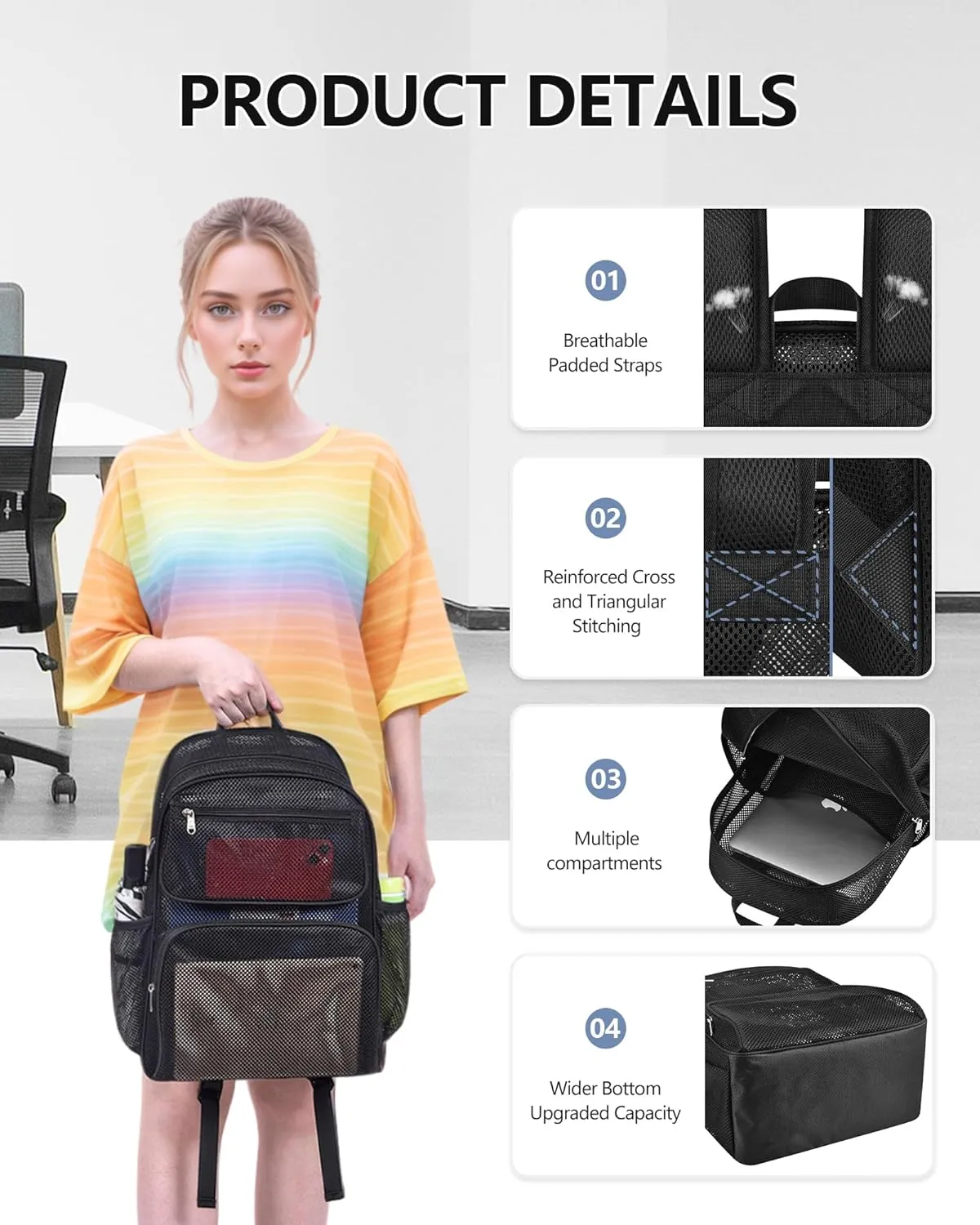 Mesh Backpack with Inner Compartment, Large Heavy Duty Mesh Bookbag with Padded Shoulder Straps for Travel Swimming Hiking Beach - Black