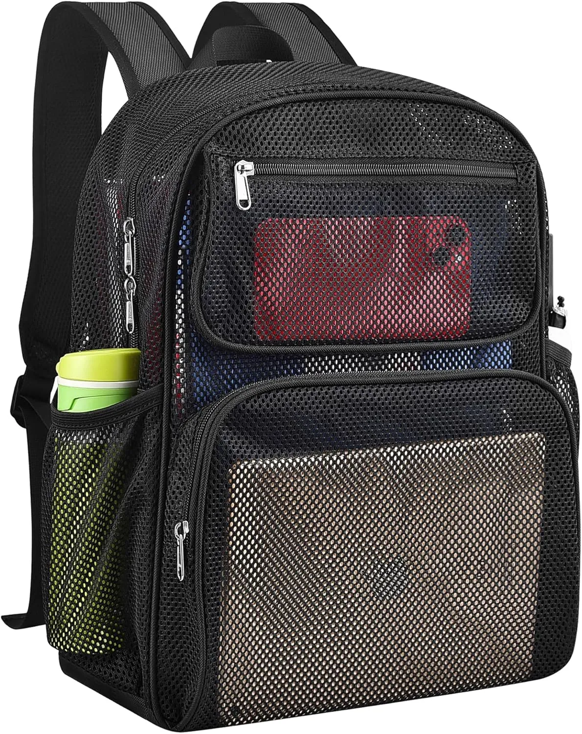 Mesh Backpack with Inner Compartment, Large Heavy Duty Mesh Bookbag with Padded Shoulder Straps for Travel Swimming Hiking Beach - Black