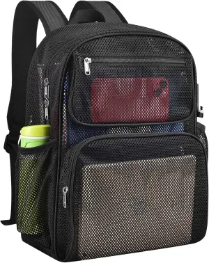 Mesh Backpack with Inner Compartment, Large Heavy Duty Mesh Bookbag with Padded Shoulder Straps for Travel Swimming Hiking Beach - Black