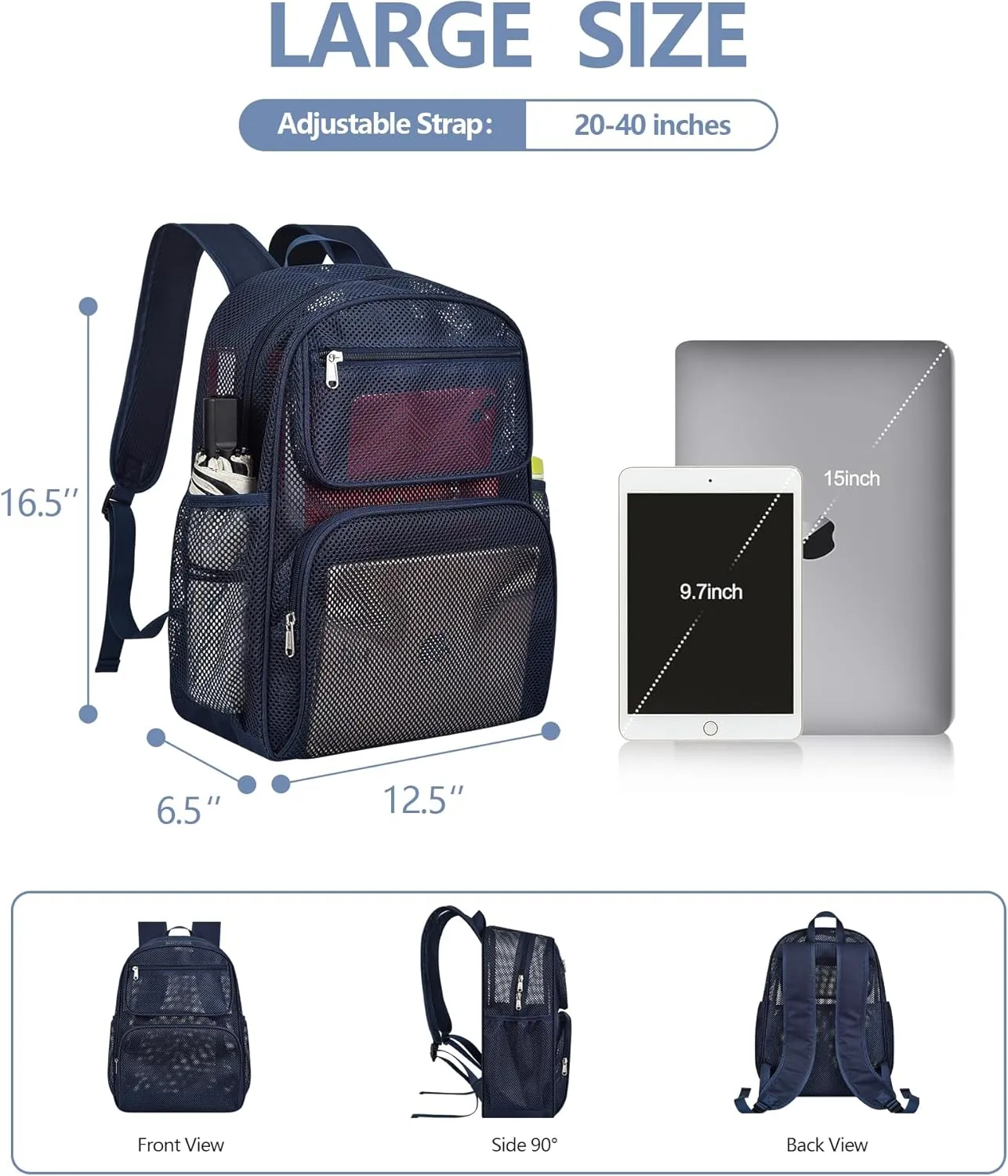 Mesh Backpack with Inner Compartment, Large Heavy Duty Mesh Bookbag with Padded Shoulder Straps for Travel Swimming Hiking Beach - Blue