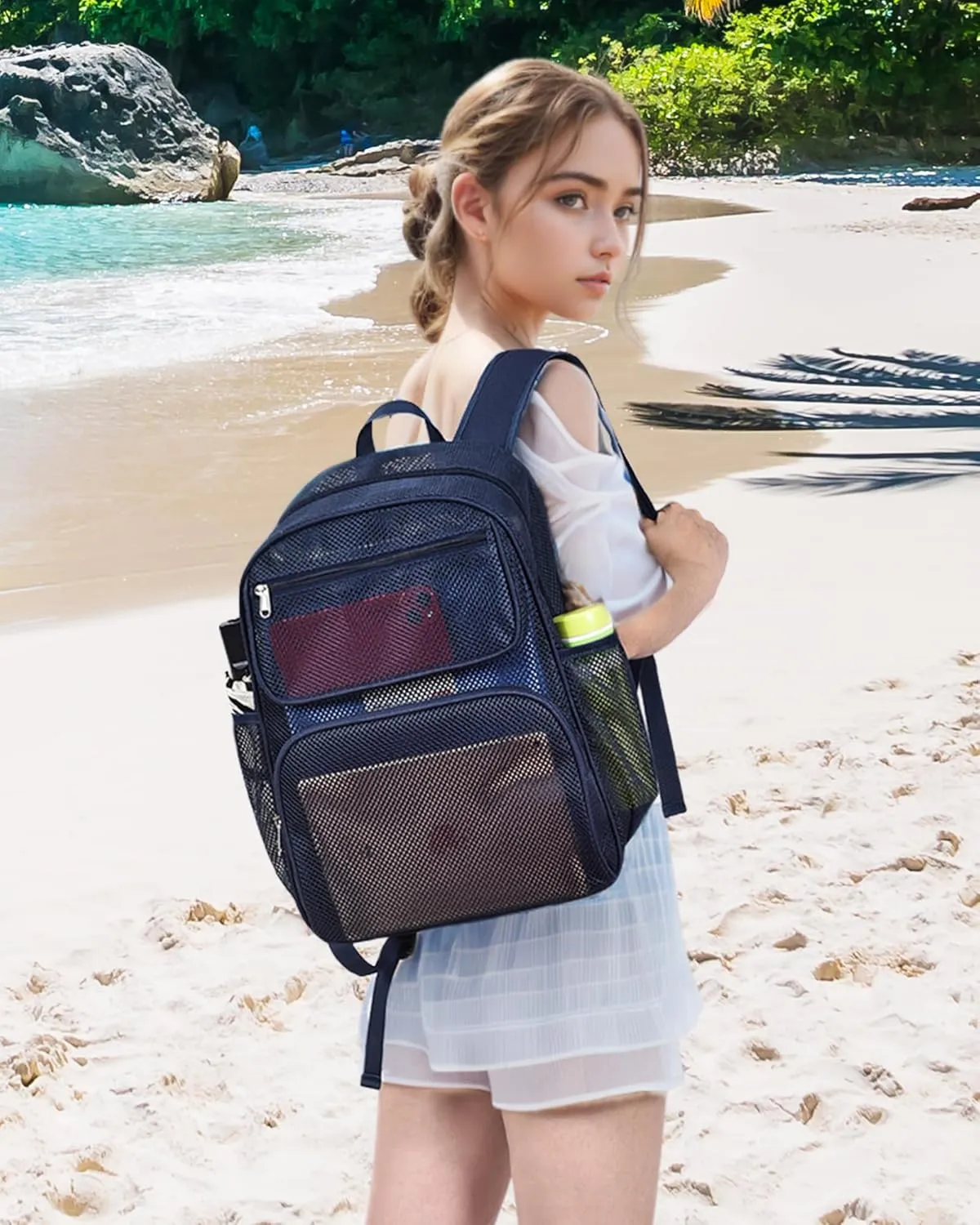 Mesh Backpack with Inner Compartment, Large Heavy Duty Mesh Bookbag with Padded Shoulder Straps for Travel Swimming Hiking Beach - Blue