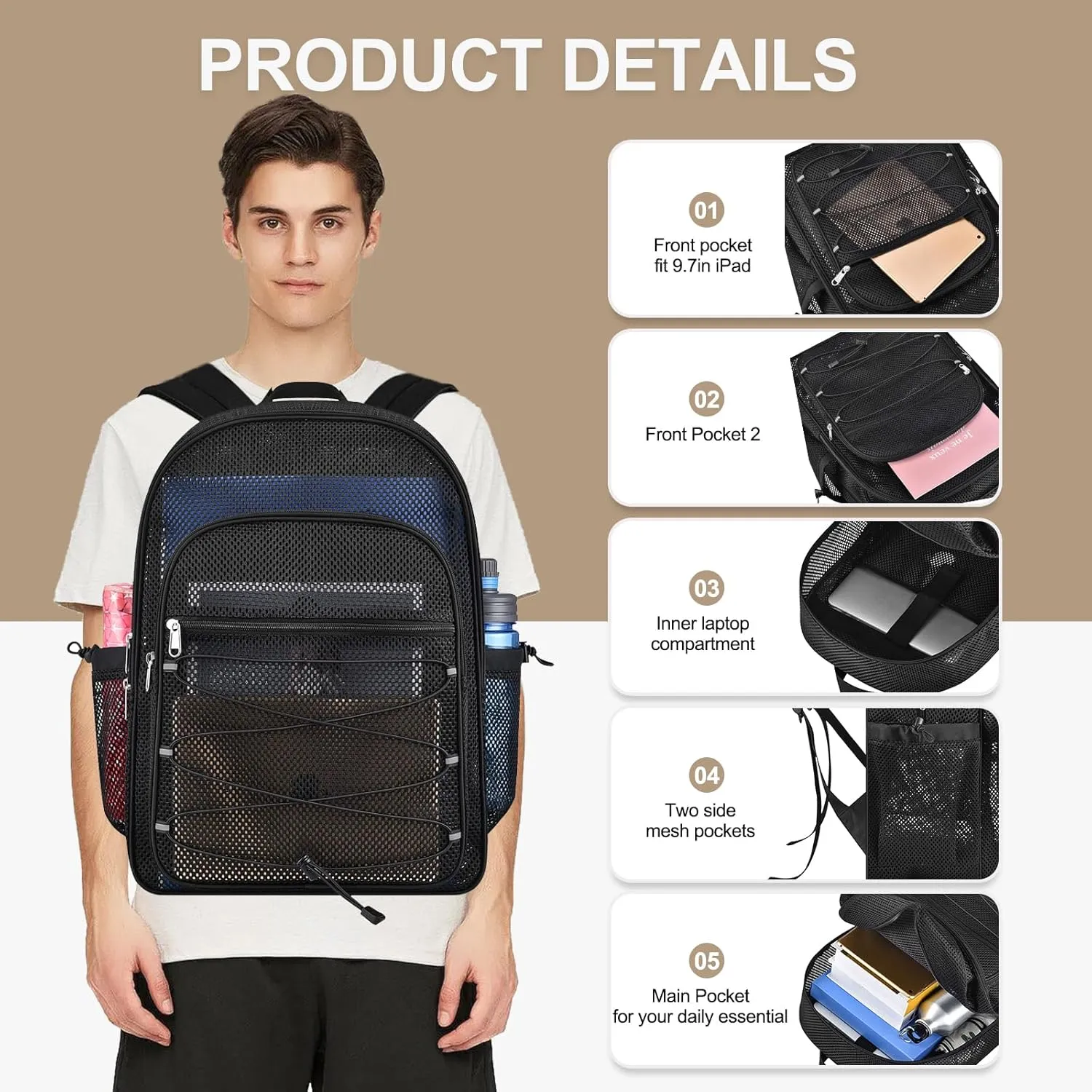 Mesh Backpacks for School, Heavy Duty Mesh School Bags for Boys and Girls See Through with Adjustable Straps for Swimming, Fitness, Sports, Carry Portable Oxygen Concentrators