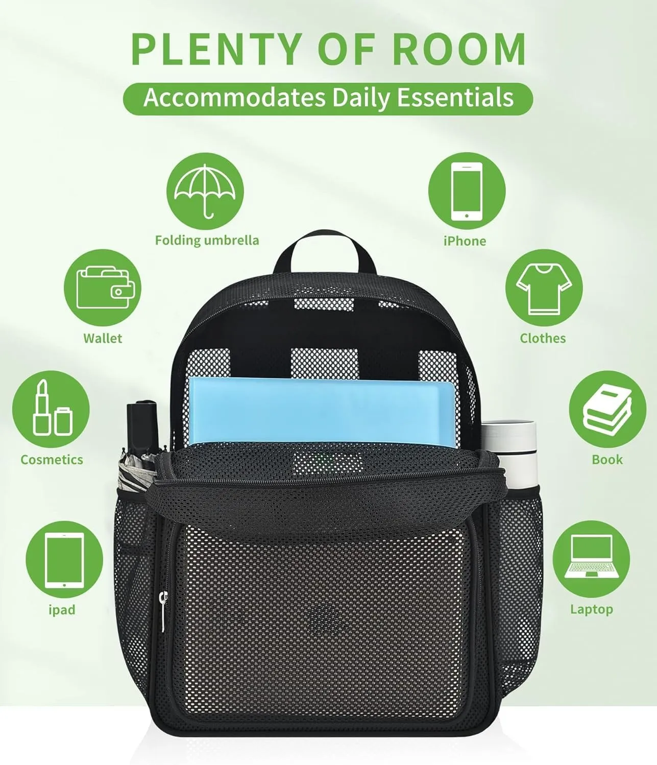 Mesh Beach Backpacks,Mesh Backpack with Inner Compartment,Heavy Duty Transparent Bookbag with Adjustable Shoulder Straps (Blue, 43x15x32cm/16.93x5.91x12.6in)