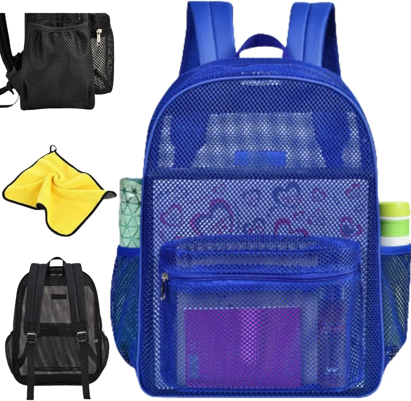 Mesh Beach Backpacks,Mesh Backpack with Inner Compartment,Heavy Duty Transparent Bookbag with Adjustable Shoulder Straps (Blue, 43x15x32cm/16.93x5.91x12.6in)