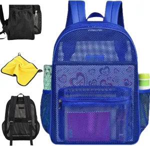 Mesh Beach Backpacks,Mesh Backpack with Inner Compartment,Heavy Duty Transparent Bookbag with Adjustable Shoulder Straps (Blue, 43x15x32cm/16.93x5.91x12.6in)