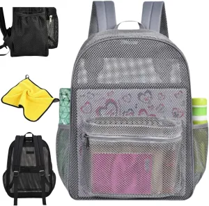 Mesh Beach Backpacks,Mesh Backpack with Inner Compartment,Heavy Duty Transparent Bookbag with Adjustable Shoulder Straps (Gray, 43x15x32cm/16.93x5.91x12.6in)