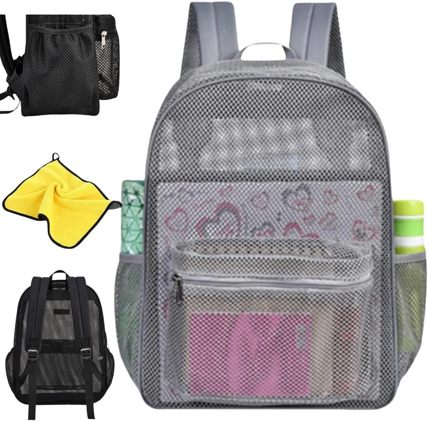 Mesh Beach Backpacks,Mesh Backpack with Inner Compartment,Heavy Duty Transparent Bookbag with Adjustable Shoulder Straps (Gray, 43x15x32cm/16.93x5.91x12.6in)