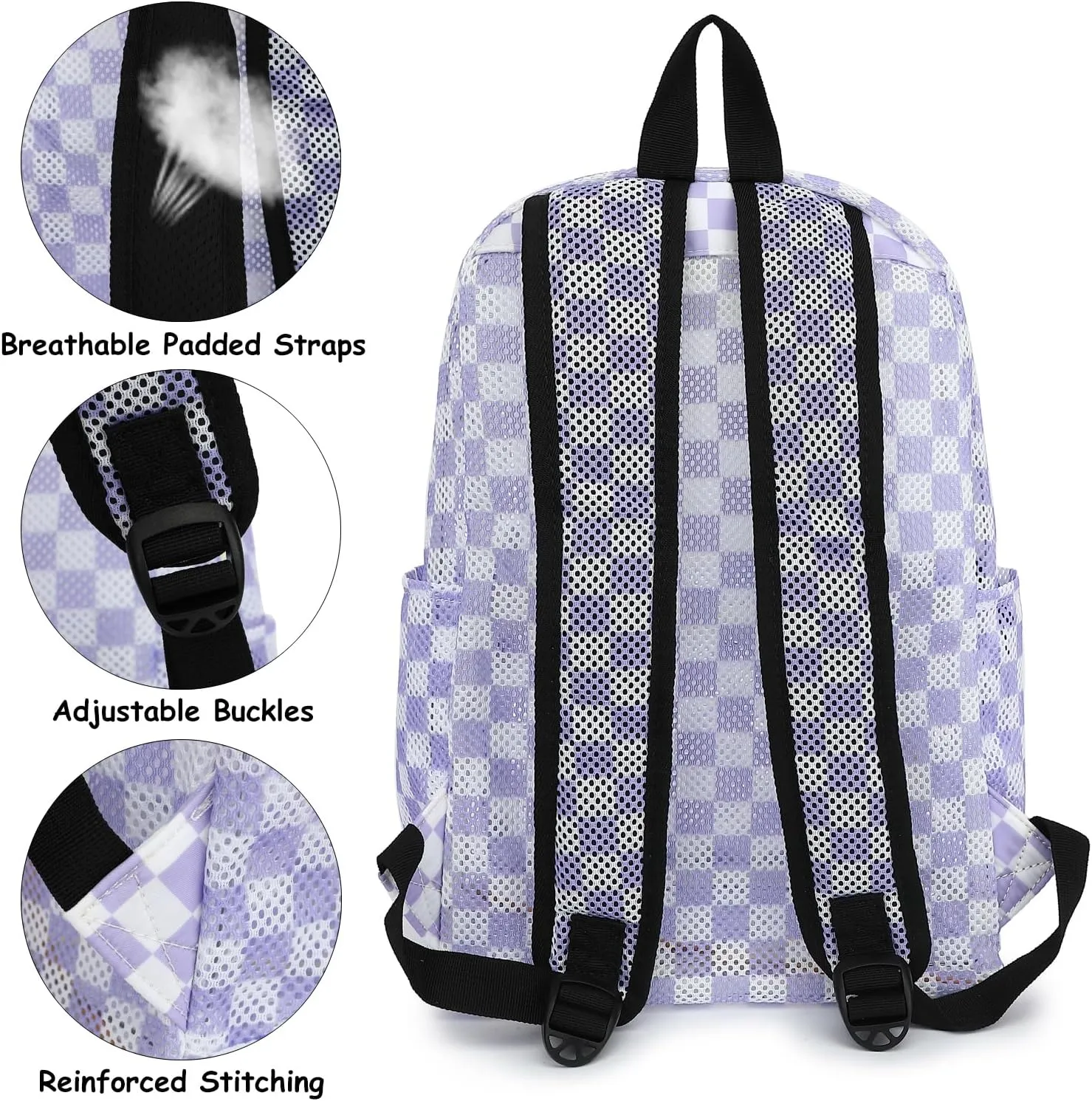 Mesh School Backpack for Girls Women, Heavy Duty See Through College Bookbag School Bag with Storage Bag (Checkered Purple)