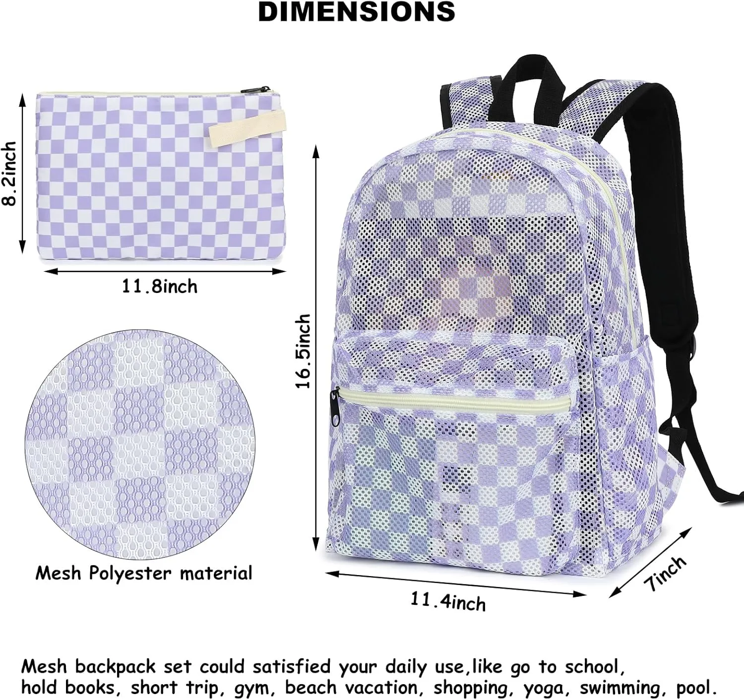 Mesh School Backpack for Girls Women, Heavy Duty See Through College Bookbag School Bag with Storage Bag (Checkered Purple)