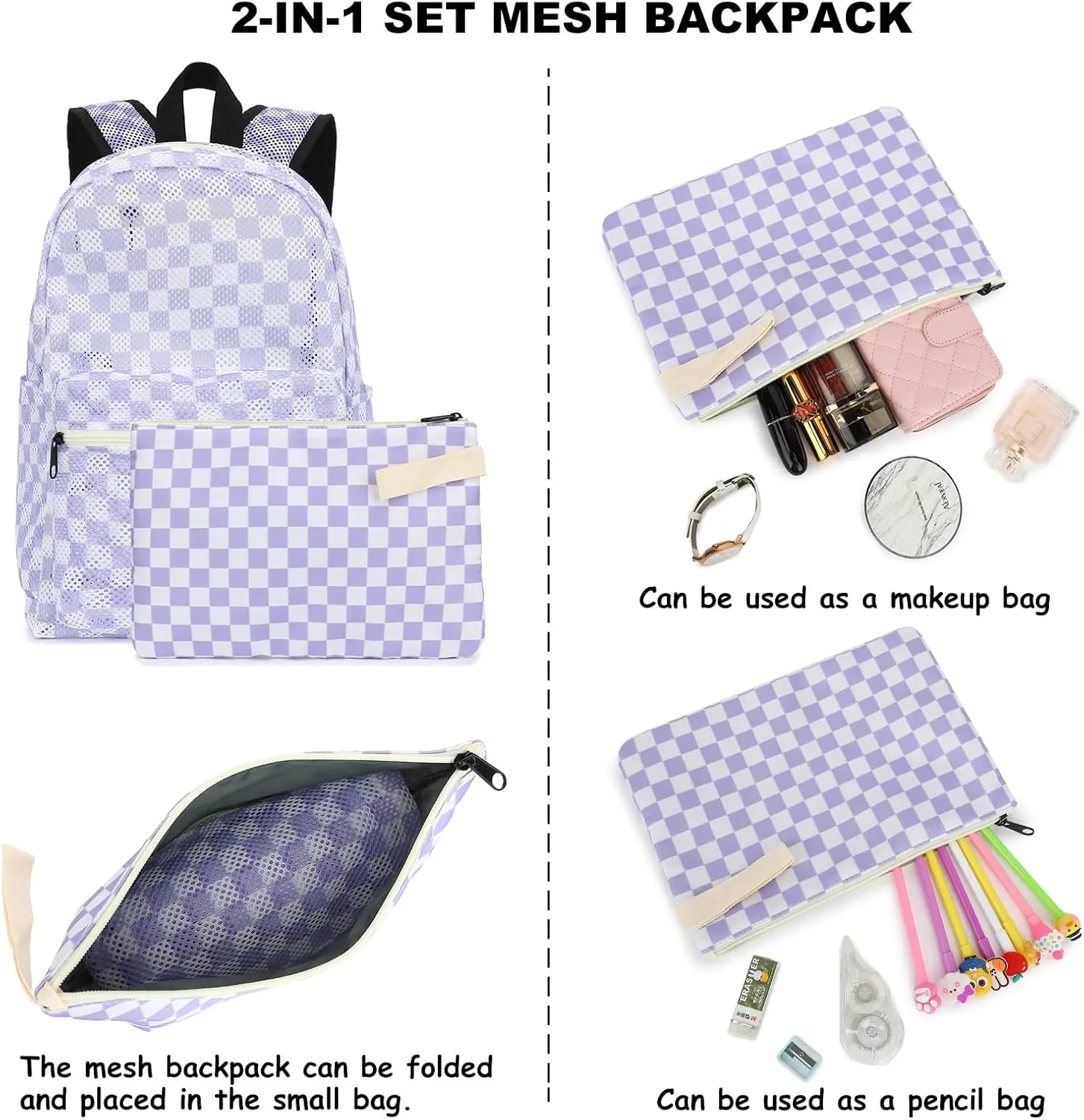 Mesh School Backpack for Girls Women, Heavy Duty See Through College Bookbag School Bag with Storage Bag (Checkered Purple)