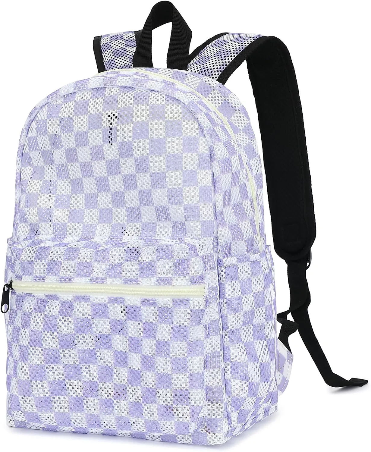 Mesh School Backpack for Girls Women, Heavy Duty See Through College Bookbag School Bag with Storage Bag (Checkered Purple)