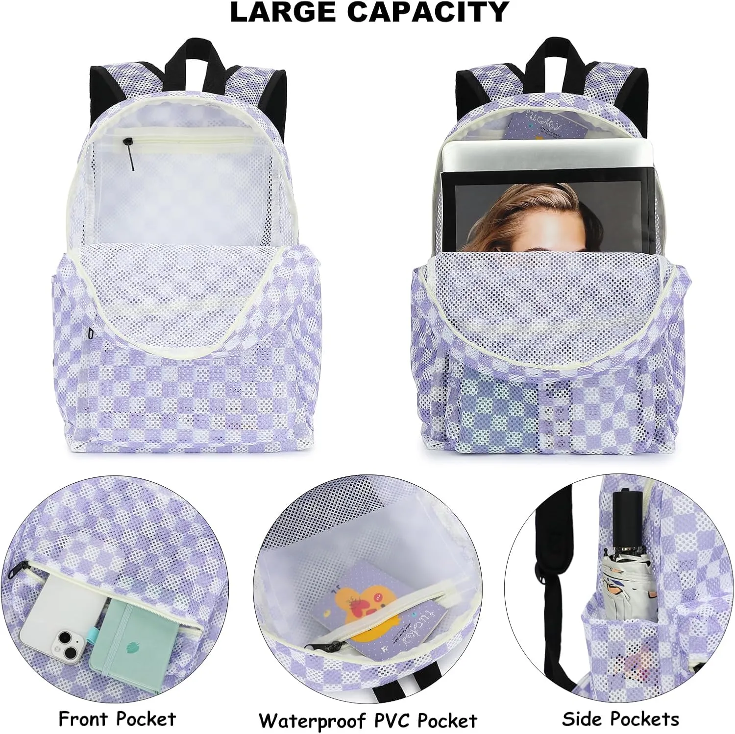 Mesh School Backpack for Girls Women, Heavy Duty See Through College Bookbag School Bag with Storage Bag (Checkered Purple)