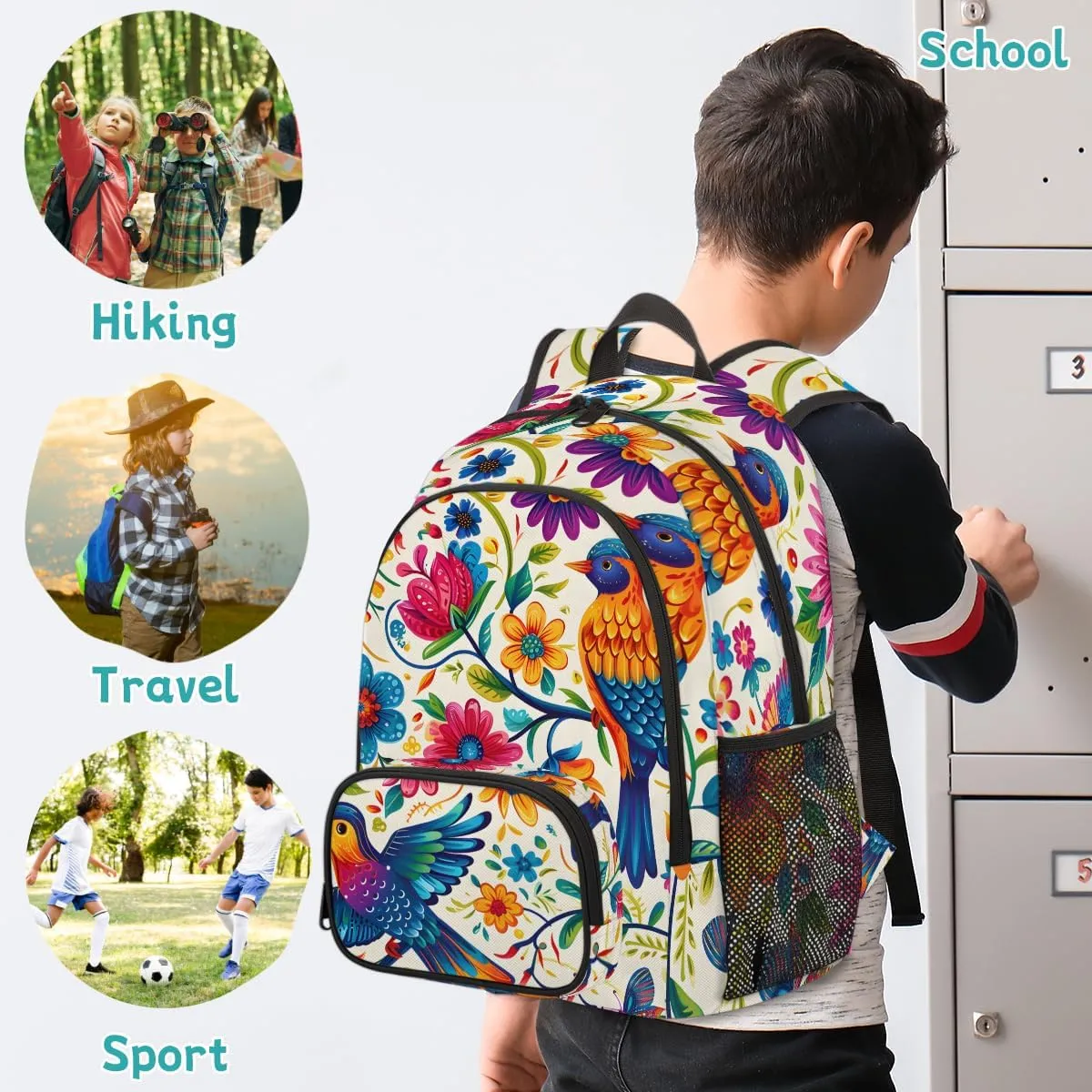 Mexican Carry on Travel Backpack for Women Men Water resistant Lightweight Rucksack Backpack for Weekender Casual Work Hiking Mexican Otomi Birds Floral