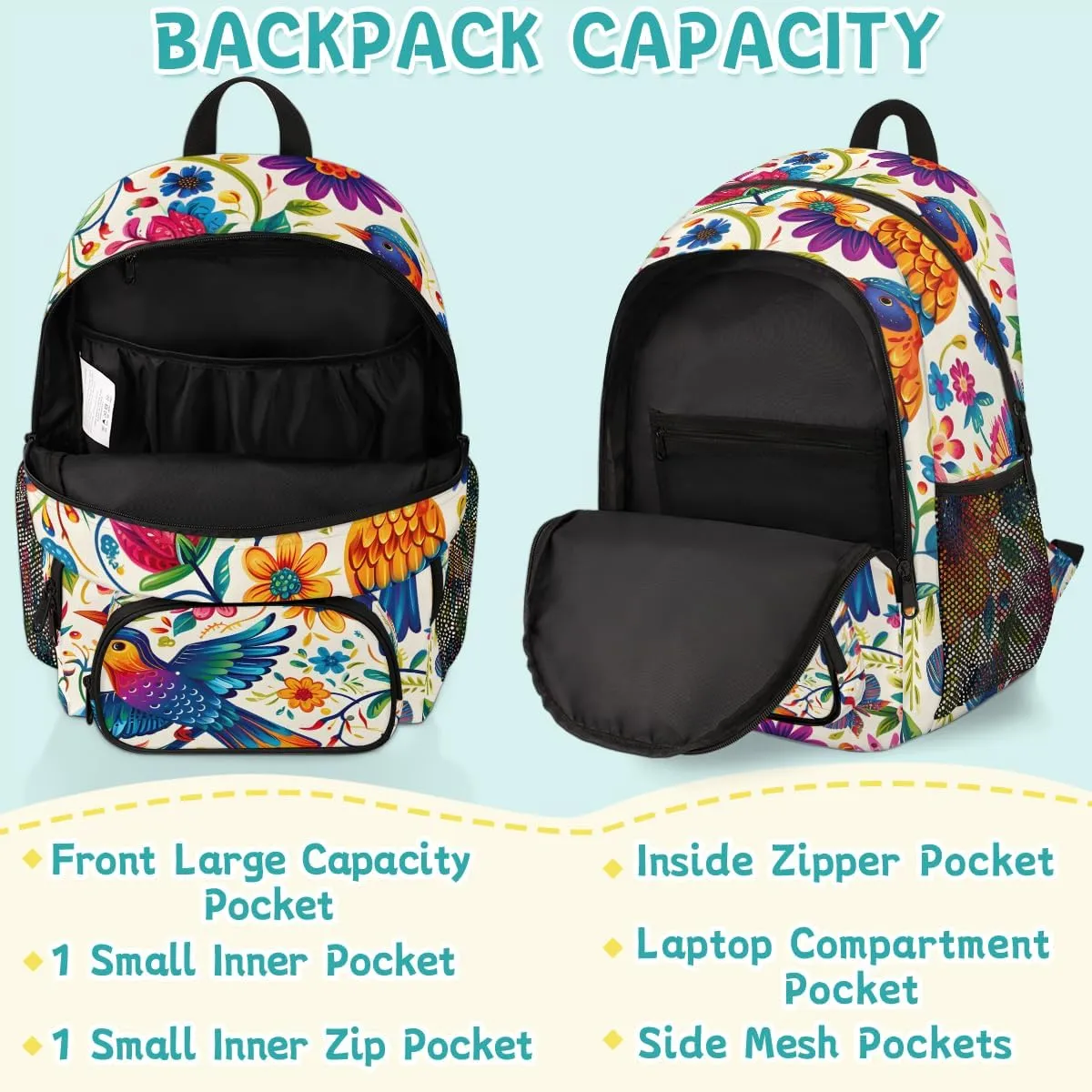 Mexican Carry on Travel Backpack for Women Men Water resistant Lightweight Rucksack Backpack for Weekender Casual Work Hiking Mexican Otomi Birds Floral