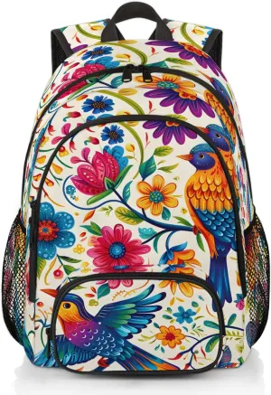 Mexican Carry on Travel Backpack for Women Men Water resistant Lightweight Rucksack Backpack for Weekender Casual Work Hiking Mexican Otomi Birds Floral