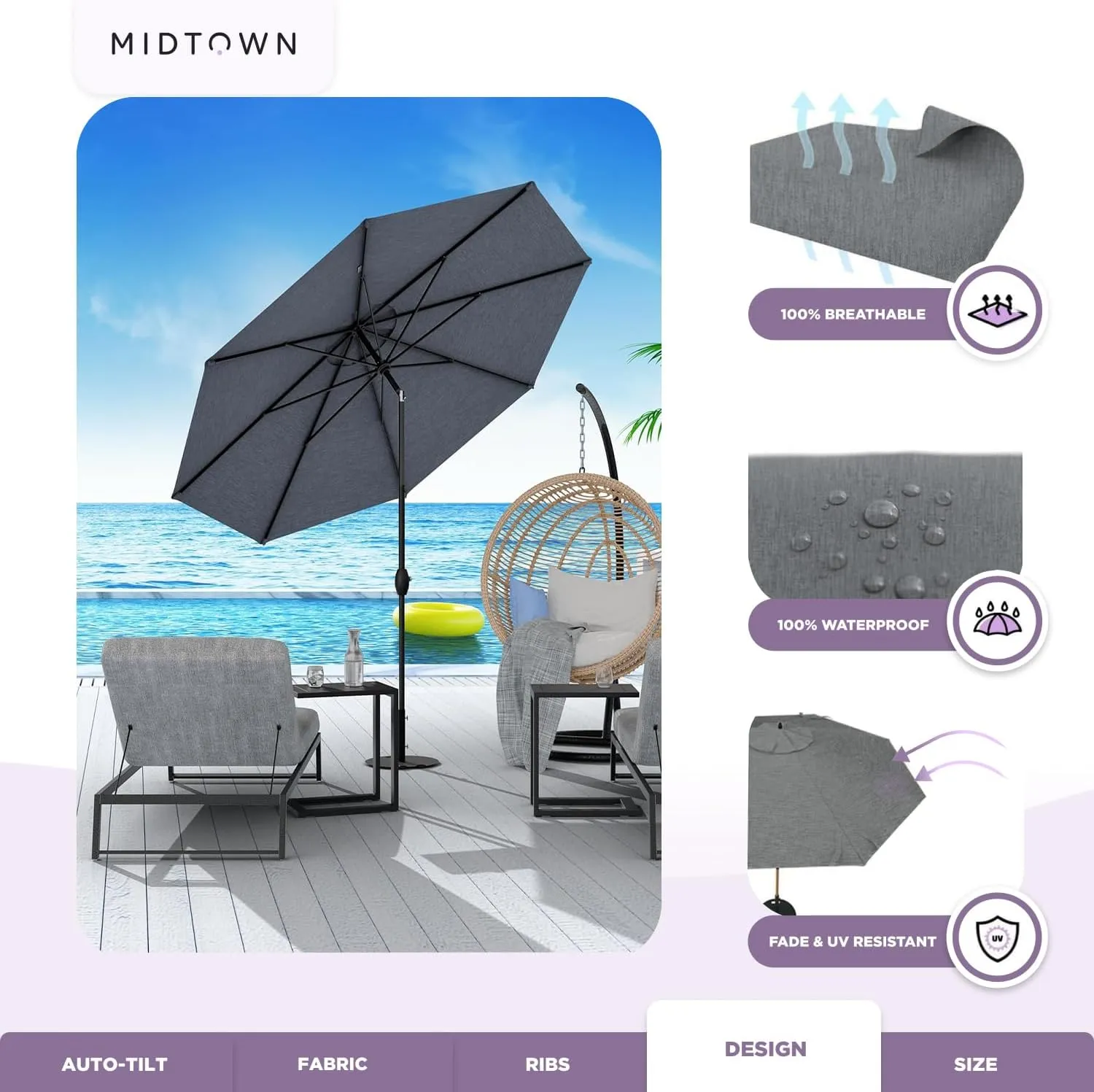 Midtown Umbrellas 10-Year-No-Fade - 10 Ft - UV Proof Heather Grey Polyester Fabric - Umbrella Outdoor Patio, Aluminum Frame Large Patio Umbrella for Garden, Pool & Deck - Black Pole