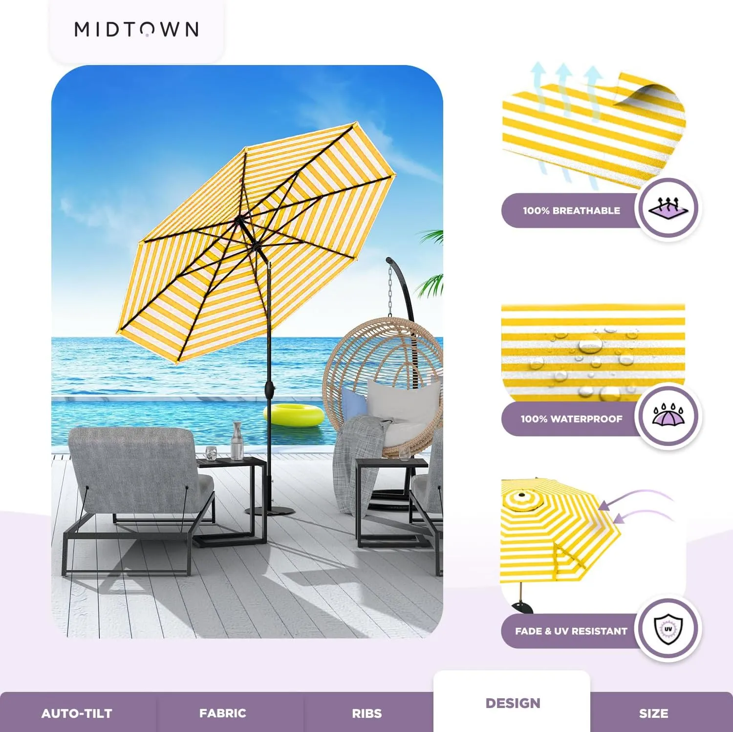 Midtown Umbrellas 10-Year-No-Fade - 8 Ft - UV Proof White/Yellow Stripes Fabric - Umbrella Outdoor Patio, Auto-Tilt Aluminum Frame Patio Umbrella for Garden, Pool & Deck - Black Pole