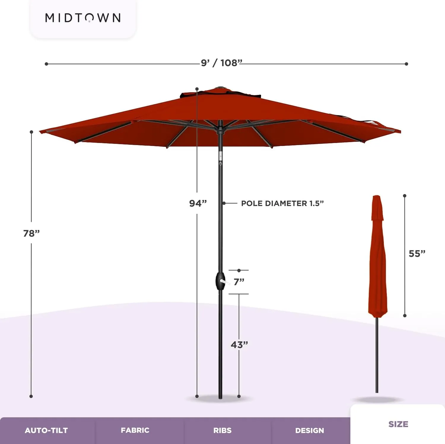 Midtown Umbrellas 10-Year-No-Fade - 9 Ft - UV Proof Apple Red Polyester Fabric - Umbrella Outdoor Patio, Auto-Tilt Aluminum Frame Patio Umbrella for Garden, Pool & Deck - Black Pole